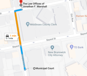 Map of Direction from our New Brunswick DWI Law Firm at 75 Paterson Street in New Brunswick to the New Brunswick Municipal Court where all driving while intoxicated and driving under the influence of drugs charges are handled at 25 Kirkpatrick Street in New Brunswick NJ.